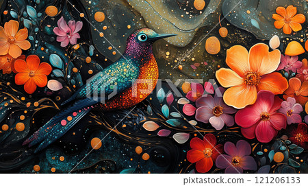 Colorful bird among vibrant flowers in a stunning artistic composition 121206133