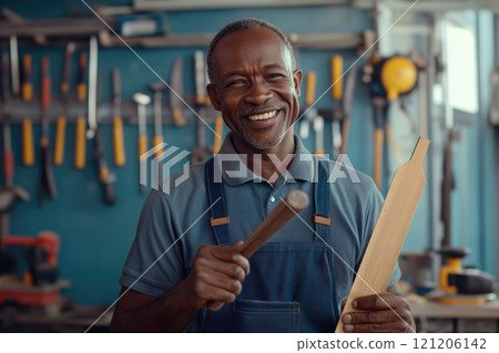 a smiling carpenter holding wooden plank in his workshop 121206142