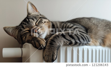 Tabby cat sleeping peacefully on a radiator Tabby cat sleeping peacefully on a radiator 121206143