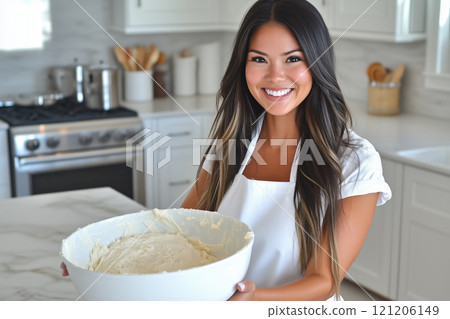 Beautiful woman making dough in the kitchen. 121206149