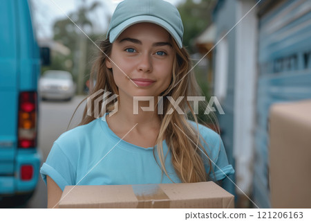 Young woman with cardboard box in the city. Young woman with cardboard box in the city. 121206163