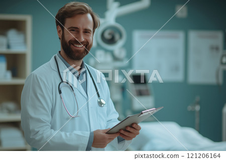 Portrait of smiling male doctor writing on clipboard. 121206164