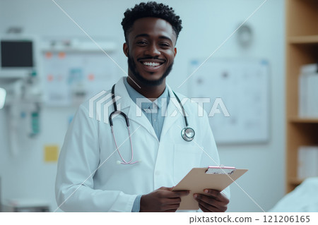 Portrait of smiling male doctor writing on clipboard. Portrait of smiling male doctor writing on clipboard. 121206165