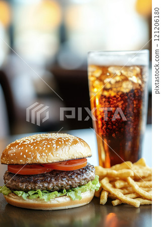 Juicy hamburger on a wooden table 121206180