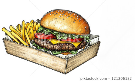 illustration of hamburger with french fries in wooden box 121206182