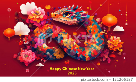 Chinese New Year 2025, snake and traditional floral elements. 121206187