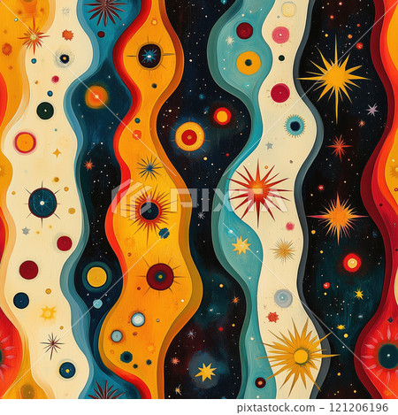 Vibrant cosmic design featuring colorful stars and swirling patterns on a dark background 121206196