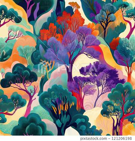 Colorful abstract landscape with vibrant trees and playful patterns in a whimsical display of nature's beauty Colorful abstract landscape with vibrant trees and playful patterns in a whimsical display of nature's beauty 121206198