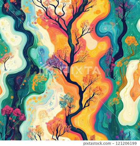 Colorful abstract landscape with vibrant trees and playful patterns in a whimsical display of nature's beauty 121206199