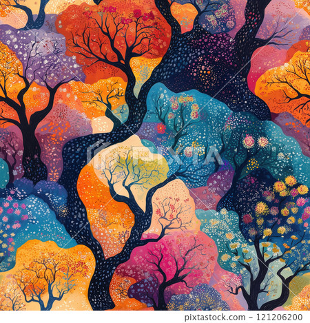Colorful abstract landscape with vibrant trees and playful patterns in a whimsical display of nature's beauty 121206200