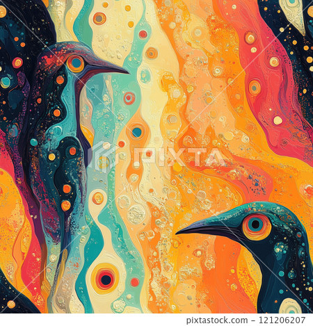 colorful birds amidst abstract elements in a vibrant art style colorful birds amidst abstract elements in a vibrant art style 121206207