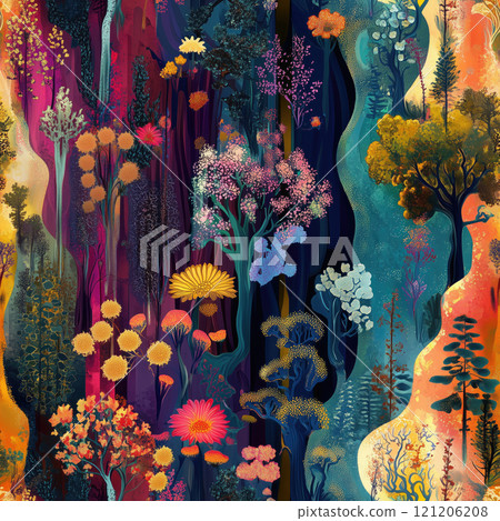 Vibrant forest scene with colorful foliage and abstract trees 121206208