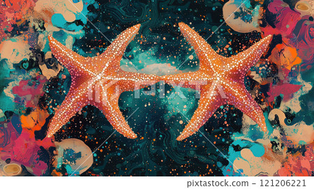 Colorful starfish swimming in a vibrant underwater environment 121206221