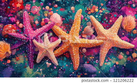 Colorful starfish swimming in a vibrant underwater environment Colorful starfish swimming in a vibrant underwater environment 121206222