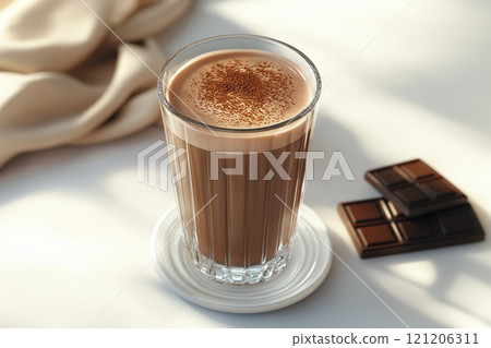 Warm cup of rich hot chocolate served with dark chocolate 121206311