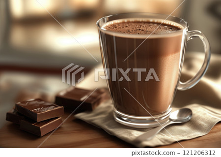 Warm cup of rich hot chocolate served with dark chocolate Warm cup of rich hot chocolate served with dark chocolate 121206312