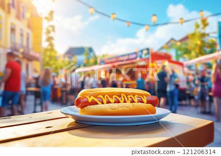 Hot dog with mustard and ketchup on a white plate on a wooden table 121206314