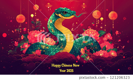 Chinese New Year 2025, green snake and traditional floral elements. 121206323
