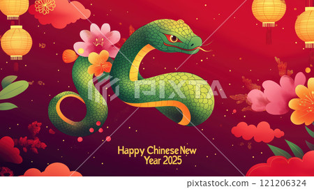 Chinese New Year 2025, green snake and traditional floral elements. 121206324