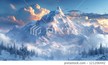 Winter season. snow covered fantasy mountains 121206442