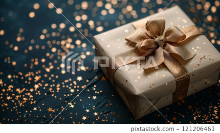 Happy birthday. The gift box is wrapped in white paper and tied with beige ribbon, placed on the right side of a dark blue background with scattered golden stars. Happy birthday. The gift box is wrapped in white paper and tied with beige ribbon, placed on the right side of a dark blue background with scattered golden stars. 121206461