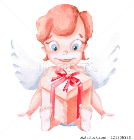 Sitting cupid with gift box in watercolor. Isolated illustration for Valentine's Day, Christmas design, cards, invitations, posters, fabric printing Sitting cupid with gift box in watercolor. Isolated illustration for Valentine's Day, Christmas design, cards, invitations, posters, fabric printing 121206528