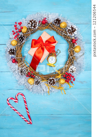 Christmas beautiful wreath on a wooden table, New Year decoration, Christmas beautiful wreath on a wooden table, New Year decoration, 121206544