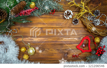 Christmas wooden background with snow branch. Top view with copy space for your text 121206546