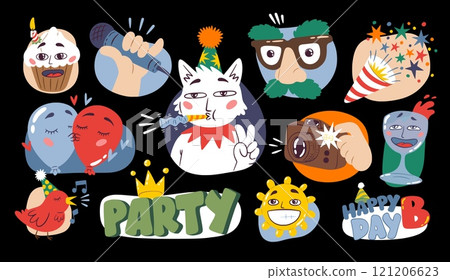 Party stickers. Cute birthday characters. Funny cake and happy celebrate typography. Comic stamp. Holiday cake. Karaoke mic. Balloons and confetti firecracker. Vector festive labels set 121206623