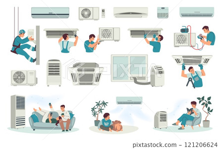 House condition. Air heat. Fan appliance installation. Room ventilation. Climate building. Workman repairing and fixing ventilator. People relaxing under home cooler. Vector concepts set House condition. Air heat. Fan appliance installation. Room ventilation. Climate building. Workman repairing and fixing ventilator. People relaxing under home cooler. Vector concepts set 121206624