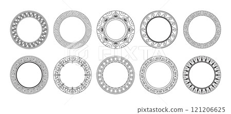 Greek pattern. Circe ancient ornament, round art border texture or meander decor element. Mediterranean vase antique geometric decorative vintage motif. Black lines frame. Vector design 121206625