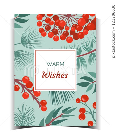 Christmas winter plant. Card design. Vertical poster. warm wishes. Botanical holly tree branches, red berries. Xmas frame and natural border. Vector cartoon flat isolated design illustration Christmas winter plant. Card design. Vertical poster. warm wishes. Botanical holly tree branches, red berries. Xmas frame and natural border. Vector cartoon flat isolated design illustration 121206630