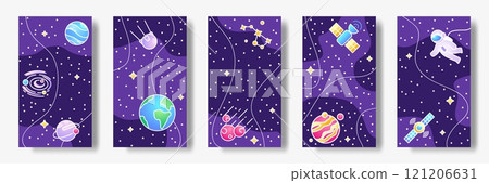 Outer space. Cosmic frame. Galaxy meteors and asteroids. Planet orbits. Cosmonaut in spacesuit. Astronaut spacewalk. Stars constellation. Universe satellites. Vector spacecraft banners set 121206631