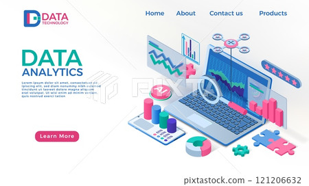 Data report landing page. Digital business infographic with 3D chart. Financial graph. Website template. Modern technology. SEO progress showing in search results. Vector background 121206632