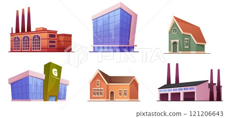 Office buildings. Business factory or store department. Solid city map with government and supermarket figure. Town architecture. Plant house with chimneys. Vector cityscape elements set 121206643