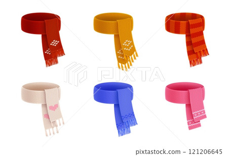 3D scarf. Winter Christmas cloth. Tied warm accessory for cold snow season. New year knit clothing. Sport fan fashion. Cozy knitwear. Woolen textile. Striped garment. Vector realistic set 121206645