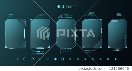 Digital frame. Game HUD interface. Tech video border or UI future screen box. Techno graphic template. Futuristic technology. Virtual hologram dashboard. Vector cyber backgrounds set 121206646