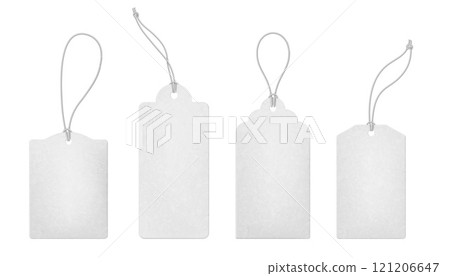 Label tag. Cloth price mockup, white paper garment discount for blank retail sale. Empty textile industry brand. Realistic discount cardboard card design, promotion badge. Vector isolated set 121206647