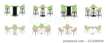Exhibition table with chairs. Stand booth for trade show. Office seat for promotion fair or event. Blank furniture. Counter stool. Empty studio desk. Room furnishing. Vector isolated set 121206648