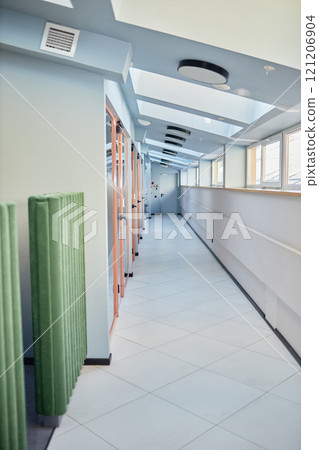 Vertical background shot of corridor with skylight windows and glass doors leading to individual office rooms in contemporary business center, copy space 121206904