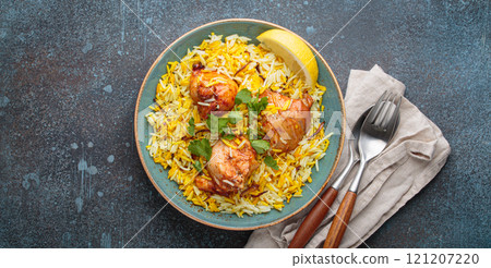 Traditional Indian dish chicken biryani with cilantro and lemon in a bowl top view on rustic background 121207220