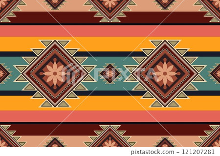 Navajo tribal vector seamless pattern. Native American ornament. Ethnic South Western decor style. Boho geometric ornament. Vector seamless pattern. Mexican blanket, rug. Woven carpet illustration. Navajo tribal vector seamless pattern. Native American ornament. Ethnic South Western decor style. Boho geometric ornament. Vector seamless pattern. Mexican blanket, rug. Woven carpet illustration. 121207281