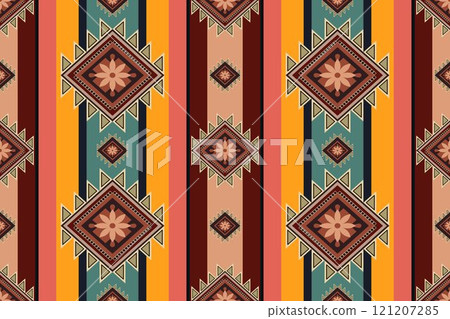 Navajo tribal vector seamless pattern. Native American ornament. Ethnic South Western decor style. Boho geometric ornament. Vector seamless pattern. Mexican blanket, rug. Woven carpet illustration. Navajo tribal vector seamless pattern. Native American ornament. Ethnic South Western decor style. Boho geometric ornament. Vector seamless pattern. Mexican blanket, rug. Woven carpet illustration. 121207285