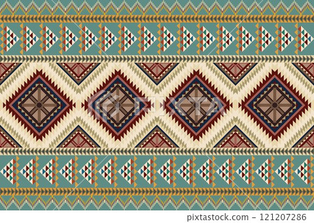 Navajo tribal vector seamless pattern. Native American ornament. Ethnic South Western decor style. Boho geometric ornament. Vector seamless pattern. Mexican blanket, rug. Woven carpet illustration. Navajo tribal vector seamless pattern. Native American ornament. Ethnic South Western decor style. Boho geometric ornament. Vector seamless pattern. Mexican blanket, rug. Woven carpet illustration. 121207286