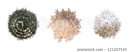 Christmas tree set, top view, isolated on white background, 3D illustration, cg render 121207545