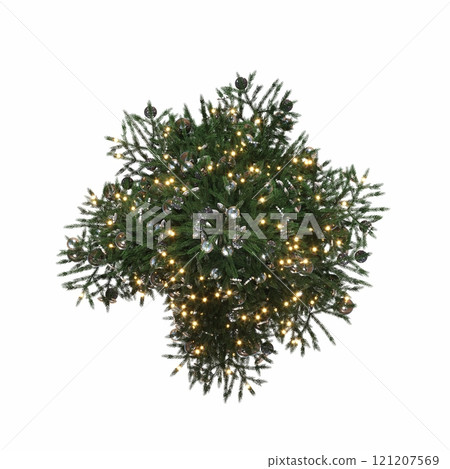 Christmas tree with decorations, isolated on white background, 3D illustration, cg render Christmas tree with decorations, isolated on white background, 3D illustration, cg render 121207569