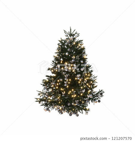 Christmas tree with decorations, isolated on white background, 3D illustration, cg render Christmas tree with decorations, isolated on white background, 3D illustration, cg render 121207570