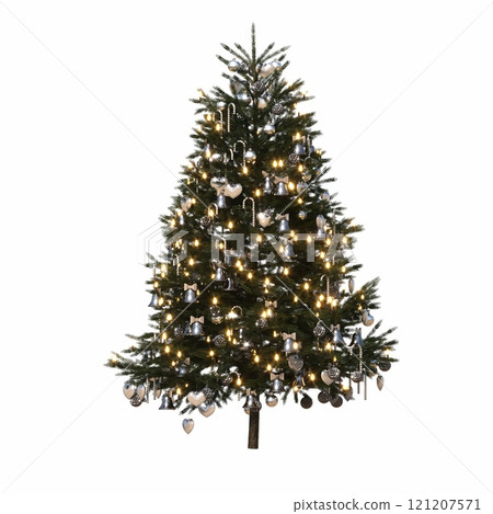 Christmas tree with decorations, isolated on white background, 3D illustration, cg render Christmas tree with decorations, isolated on white background, 3D illustration, cg render 121207571