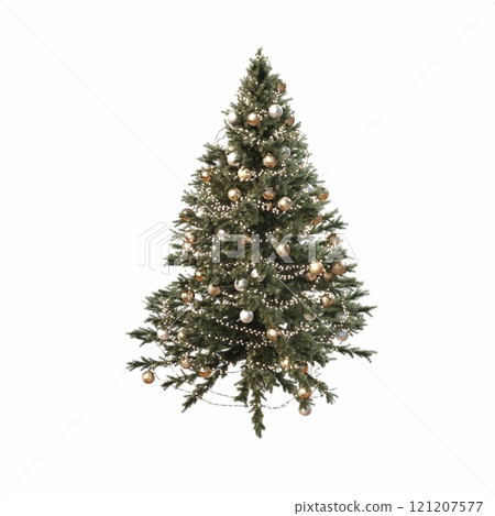 Christmas tree with decorations, isolated on white background, 3D illustration, cg render Christmas tree with decorations, isolated on white background, 3D illustration, cg render 121207577