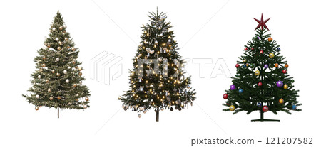 Christmas tree with decorations, isolated on white background, 3D illustration, cg render Christmas tree with decorations, isolated on white background, 3D illustration, cg render 121207582
